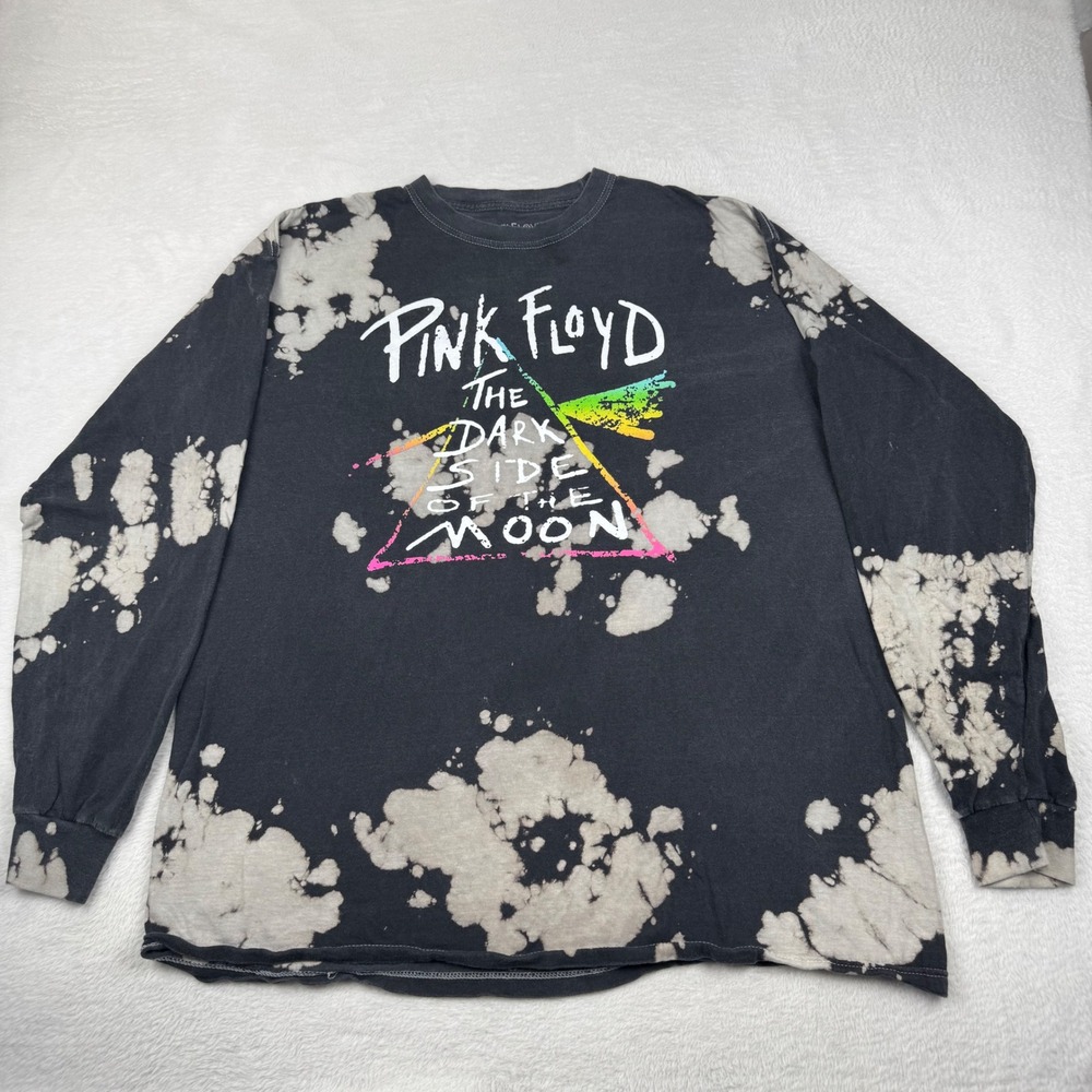 Pink Floyd Graphic Tee Unisex 1X Black Bleach Wash Long Sleeve Dark Side Moon